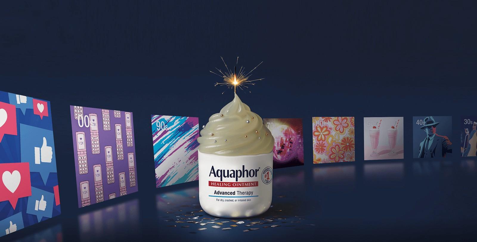 Aquaphor tub designed to look like a cupcake with decade imagery